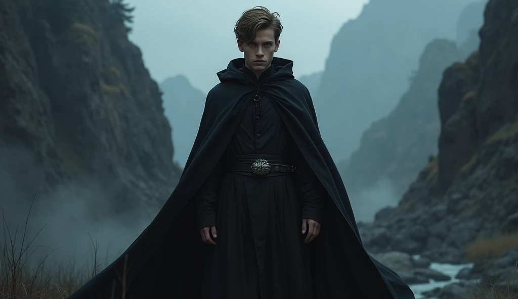 a high-fantasy horror, dark lord, a ager boy with light brown short hair and yellow golden eyes, sith lord, A boy wearing a black long cloak, dark mountains, frontal, tonificado
