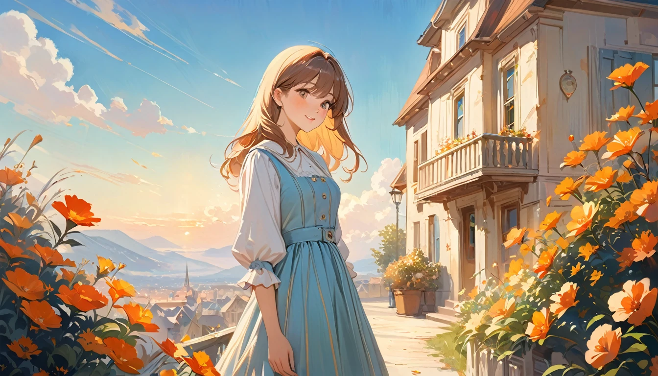 A beautiful nostalgic image, dreamlike, sunny, beautiful, nostalgic, masterpiece, blue sky, warm colors, bloom, visible brushstrokes, painterly, detailed painting, lovely, incredible art