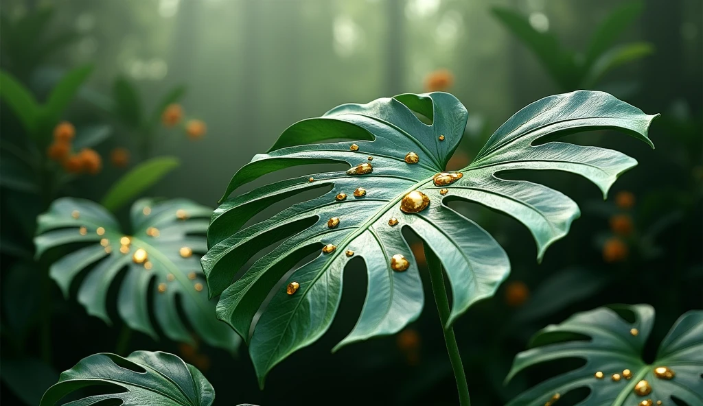 Three large shiny monstera leaves with large drops of liquid gold