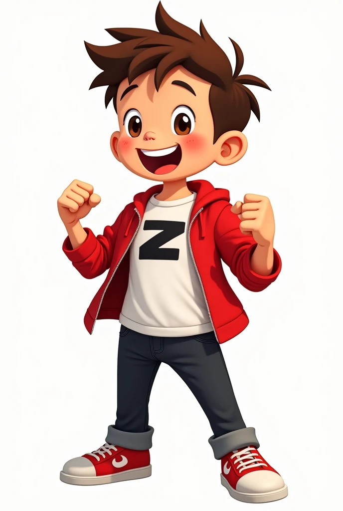solo, full body, young boy, brown spiky hair, brown eyes, excited expression, red jacket open, white T-shirt with black 'Z' on it, black pants, red sneakers, clenched fists, confident pose, facing forward, cartoon style, vibrant colors, thick lines