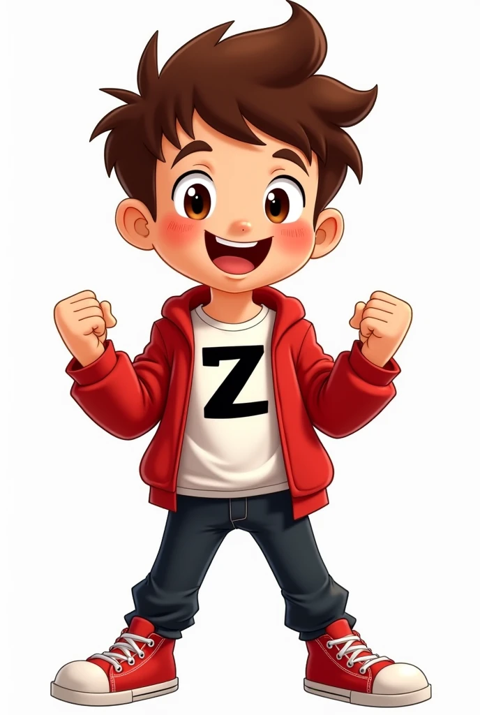 solo, full body, young boy, brown spiky hair, brown eyes, excited expression, red jacket open, white T-shirt with black 'Z' on it, black pants, red sneakers, clenched fists, confident pose, facing forward, cartoon style, vibrant colors, thick lines