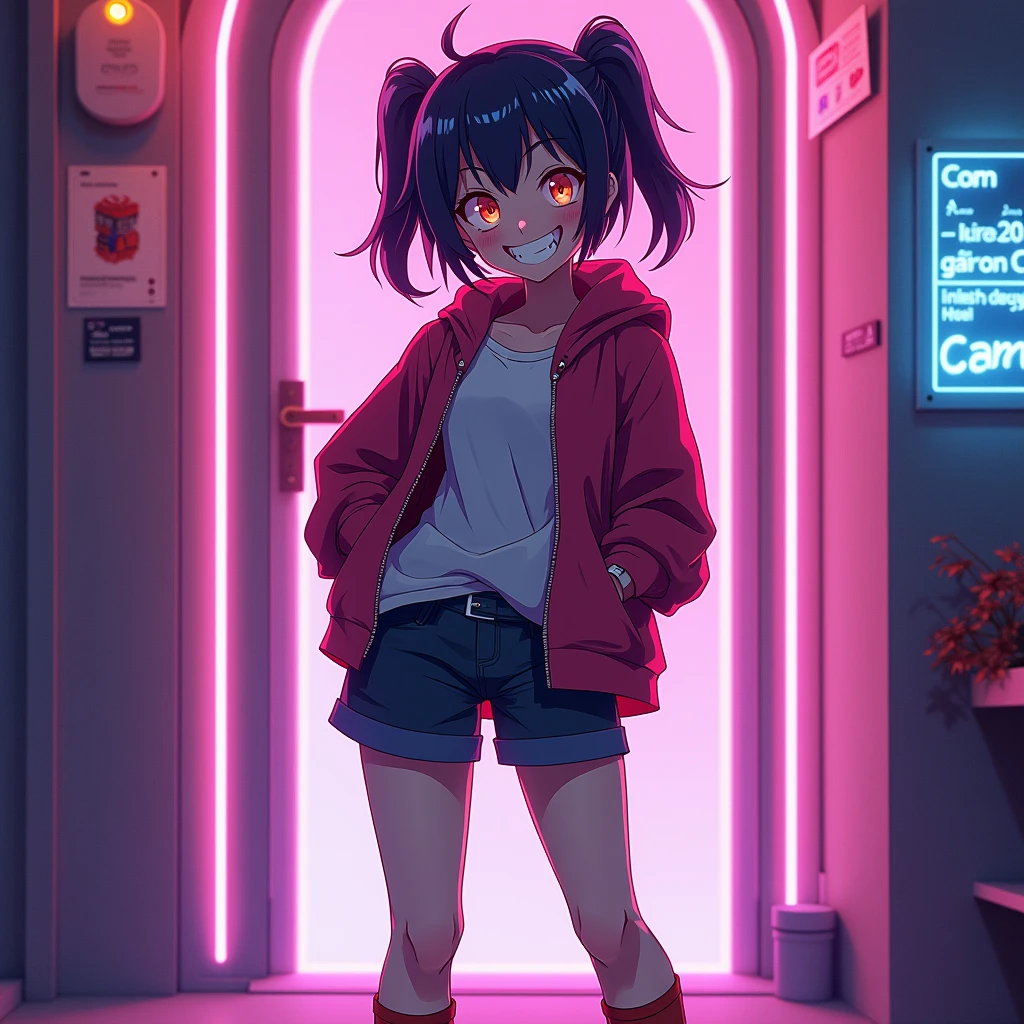 Create a picture in neon colors, anime style, the girl should be in full growth, the girl should not be looking at the camera, the girl should have a crazy smile, The girl should be full-length.