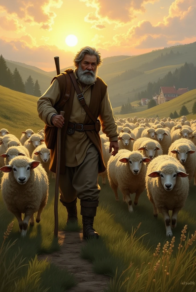 Gradually evening came and the shepherd was leading his flock into the fold with a clever fox wearing sheepskin