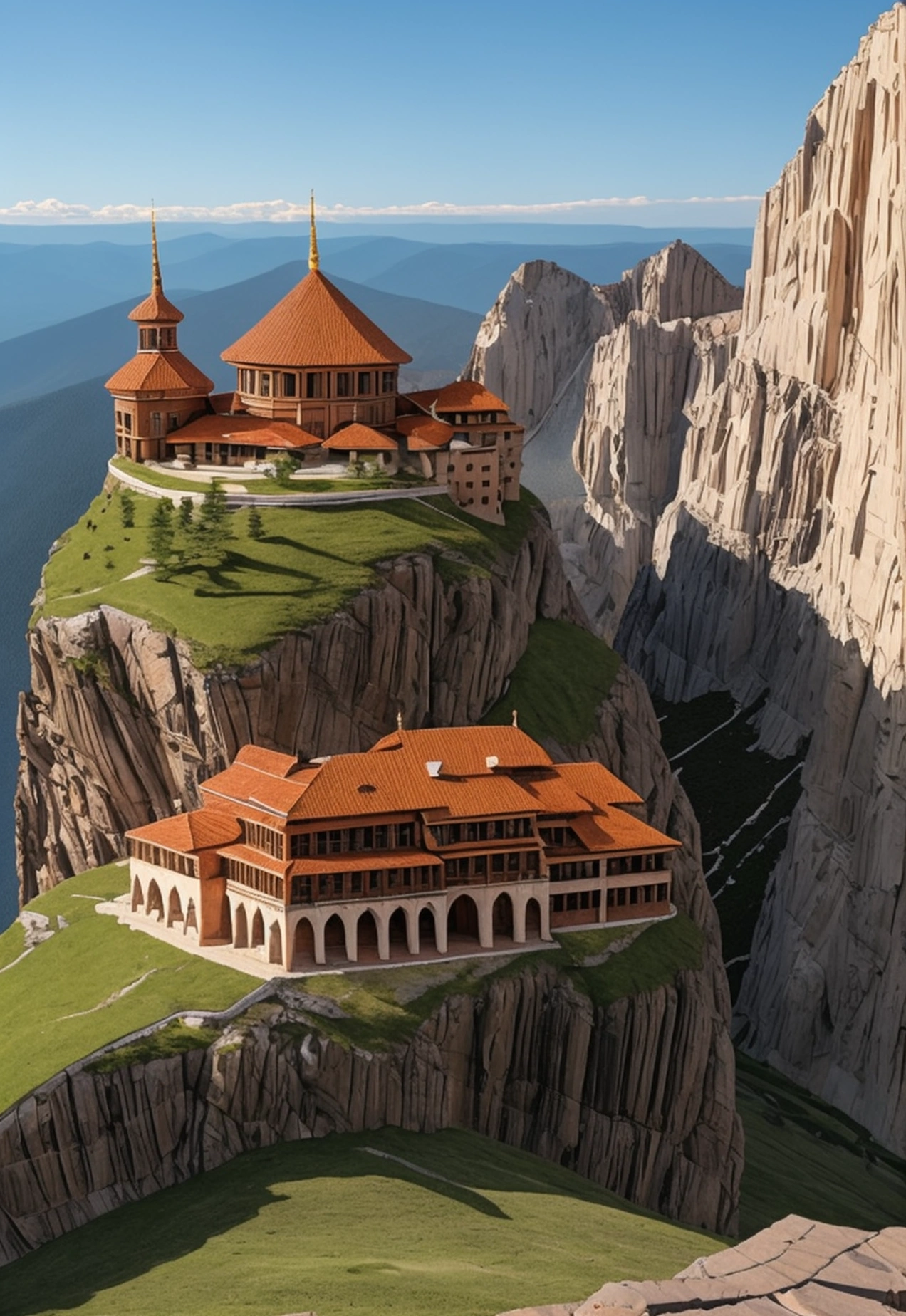 create a monastery on top of an extremely thin mountain. the picture is realistic, the day is clear, the picture is 8k, many details.