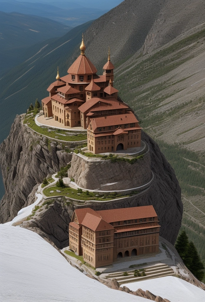 create a monastery on top of an extremely thin mountain. the picture is realistic, the day is clear, the picture is 8k, many details.
