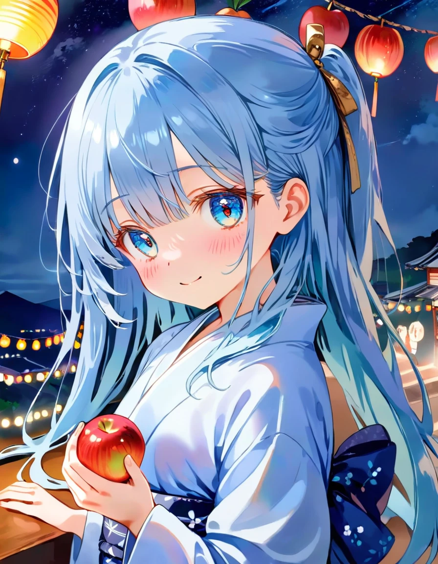 masterpiece, best quality, extremely detailed, (illustration, official art:1.1), 1 girl ,(((( light blue long hair)))), ,(((( light blue long hair)))),light blue hair, , long hair ((blush)) , cute face, big eyes, masterpiece, best quality,(((((a very delicate and beautiful girl))))),Amazing,beautiful detailed eyes,blunt bangs((((little delicate girl)))),tareme(true beautiful:1.2), sense of depth,dynamic angle,,,, affectionate smile, (true beautiful:1.2),,(tiny 1girl model:1.2),)(flat chest) 、cute girl, yukata, watercolor, clear, anime style illustration, cute illustration, beautiful detail, fain touch outline, cute girl is eating a apple candy, りんご飴、 delicious looking, japanese festival, night, cute illustration, best quality, top quality, masterpiece, ultra detailed, beautiful detail