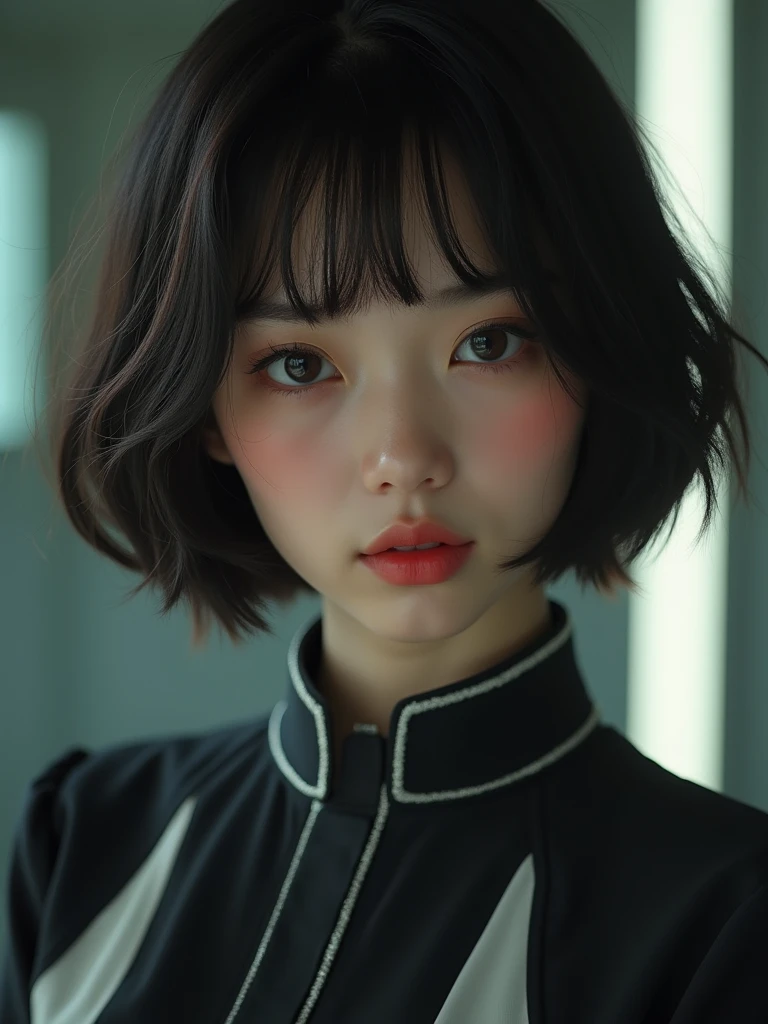(Model shooting style), (shy), Lonely, Shiny black hair、 Extremely rich facial detail, Beautiful Eyes, [Chubby], cute, Slightly red cheeks，bright, Lonely Eyes, Stunning beauty, (Rembrandt Lighting), ARRI Lenses, Surreal, (Skin with attention to detail:1.2),8k,ARRI ALEXA 35,White Promist, Dramatic Rim Light, high quality,Very delicate and beautiful, wonderful, In detail, masterpiece, Very detailed, High resolution,Best Shot, Best Shadow,Complex,Sharp focus, high quality, alone.cute,Beautiful body、Flexible muscles、Beautiful ass、Lens flare,No sleeve,Beautiful breasts,Swallowtail butterfly,A butterfly flutters,Cool eyes,Glossy Lips,smile,Glowing Skin,Cinematography, Portrait Photography, 

Earth Federation Forces。Lieutenant Matilda。Short reddish-brown hair。Black and gray two-tone uniform。Dark Eyes。Red Rouge。
sexly。Slender。
Military ship bridge。
Beauty。Beautiful breasts。Is saluting。In the left hand is the evaluation file.。
masterpiece、Highest quality、8k、uhd、High definition、Fine skin quality。Realistic、
From the waist up