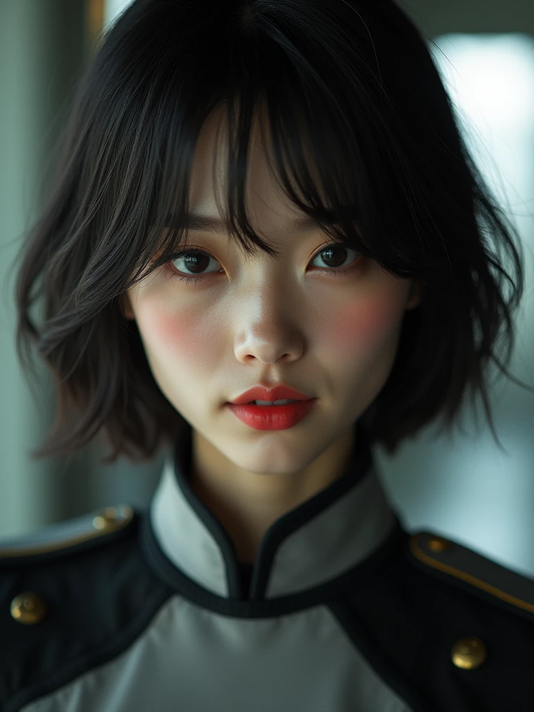 (Model shooting style), (shy), Lonely, Shiny black hair、 Extremely rich facial detail, Beautiful Eyes, [Chubby], cute, Slightly red cheeks，bright, Lonely Eyes, Stunning beauty, (Rembrandt Lighting), ARRI Lenses, Surreal, (Skin with attention to detail:1.2),8k,ARRI ALEXA 35,White Promist, Dramatic Rim Light, high quality,Very delicate and beautiful, wonderful, In detail, masterpiece, Very detailed, High resolution,Best Shot, Best Shadow,Complex,Sharp focus, high quality, alone.cute,Beautiful body、Flexible muscles、Beautiful ass、Lens flare,No sleeve,Beautiful breasts,Swallowtail butterfly,A butterfly flutters,Cool eyes,Glossy Lips,smile,Glowing Skin,Cinematography, Portrait Photography, 

Earth Federation Forces。Lieutenant Matilda。Short reddish-brown hair。Black and gray two-tone uniform。Dark Eyes。Red Rouge。
sexly。Slender。
Military ship bridge。
Beauty。Beautiful breasts。Is saluting。In the left hand is the evaluation file.。
masterpiece、Highest quality、8k、uhd、High definition、Fine skin quality。Realistic、
From the waist up
