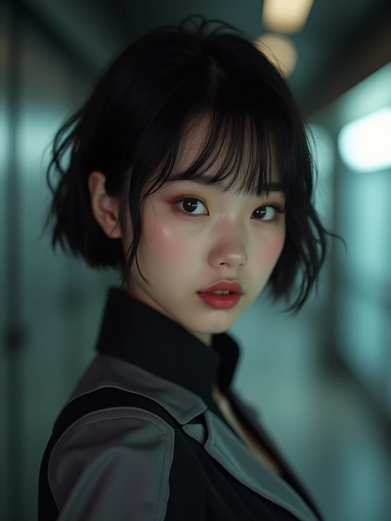 (Model shooting style), (shy), Lonely, Shiny black hair、 Extremely rich facial detail, Beautiful Eyes, [Chubby], cute, Slightly red cheeks，bright, Lonely Eyes, Stunning beauty, (Rembrandt Lighting), ARRI Lenses, Surreal, (Skin with attention to detail:1.2),8k,ARRI ALEXA 35,White Promist, Dramatic Rim Light, high quality,Very delicate and beautiful, wonderful, In detail, masterpiece, Very detailed, High resolution,Best Shot, Best Shadow,Complex,Sharp focus, high quality, alone.cute,Beautiful body、Flexible muscles、Beautiful ass、Lens flare,No sleeve,Beautiful breasts,Swallowtail butterfly,A butterfly flutters,Cool eyes,Glossy Lips,smile,Glowing Skin,Cinematography, Portrait Photography, 

Earth Federation Forces。Lieutenant Matilda。Short reddish-brown hair。Black and gray two-tone uniform。Dark Eyes。Red Rouge。
sexly。Slender。
Military ship bridge。
Beauty。Beautiful breasts。Is saluting。In the left hand is the evaluation file.。
masterpiece、Highest quality、8k、uhd、High definition、Fine skin quality。Realistic、
From the waist up