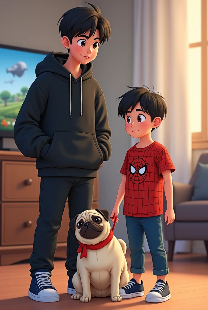a Pug dog accompanied by two people, an 18 year old with Chinese hair, high, strong, with black and white tennis shoes and black pants and black sweatshirt. the other child with black and straight hair, thin with big eyes and a spiderman shirt and blue tennis shoes, playing fortnite