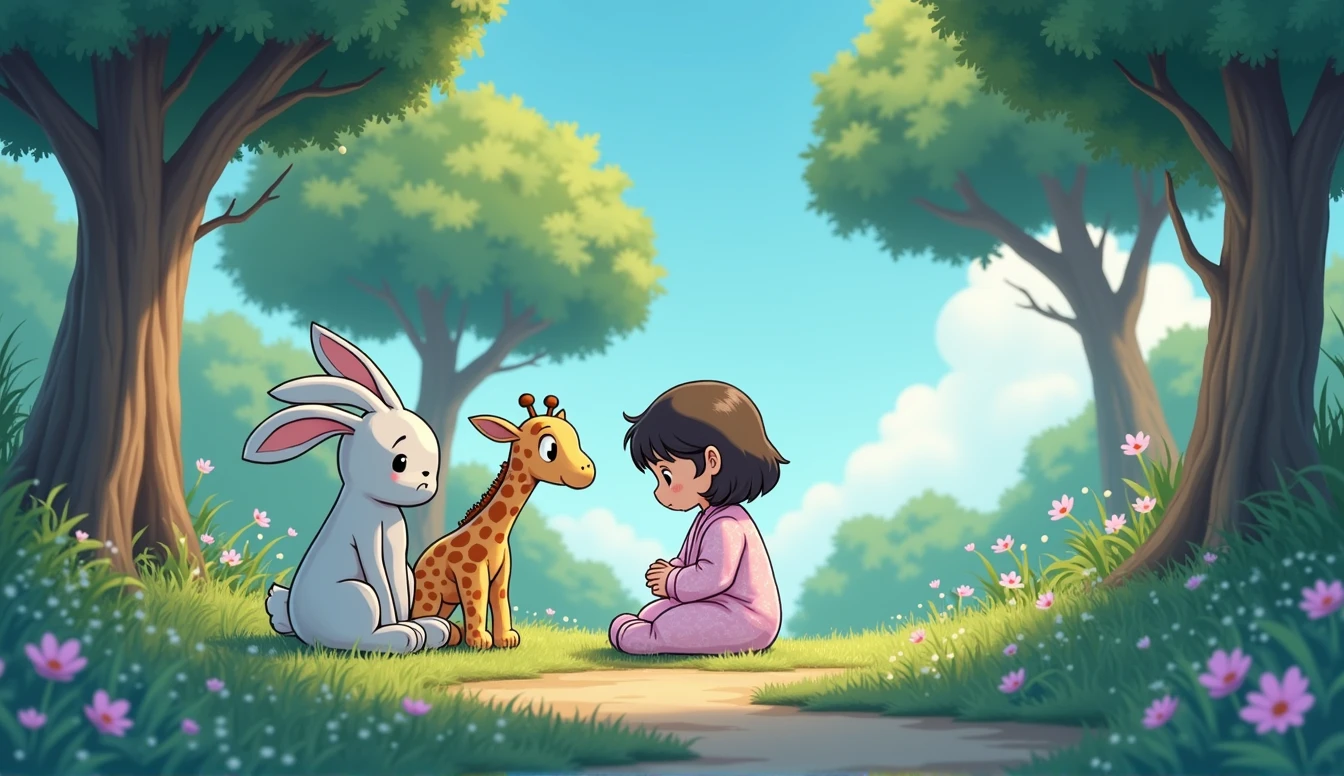 A sad cartoon bunny sits under a tree, A plush giraffe toy and a small cartoon girl in pink pajamas are looking at him.