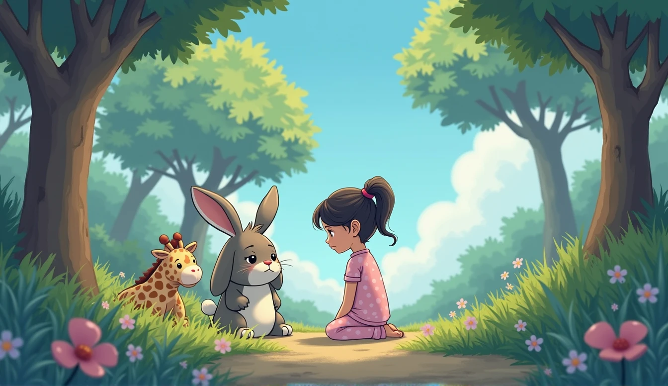 A sad cartoon bunny sits under a tree, A plush giraffe toy and a small cartoon girl in pink pajamas are looking at him.