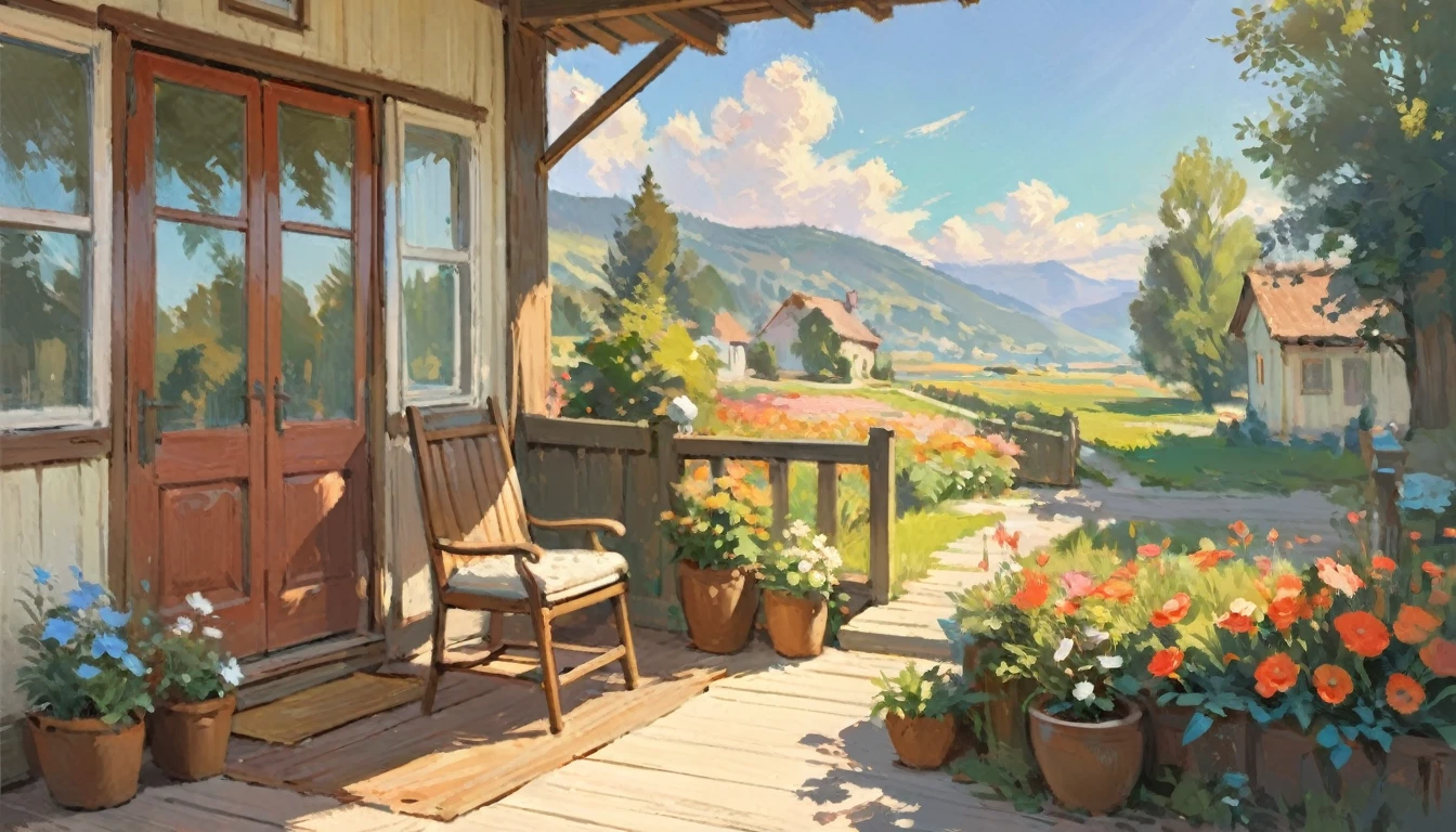 A beautiful nostalgic image, a wooden porch with sunlight, dreamlike, sunny, beautiful, nostalgic, masterpiece, blue sky, warm colors, bloom, visible brushstrokes, painterly, detailed painting, lovely, incredible art