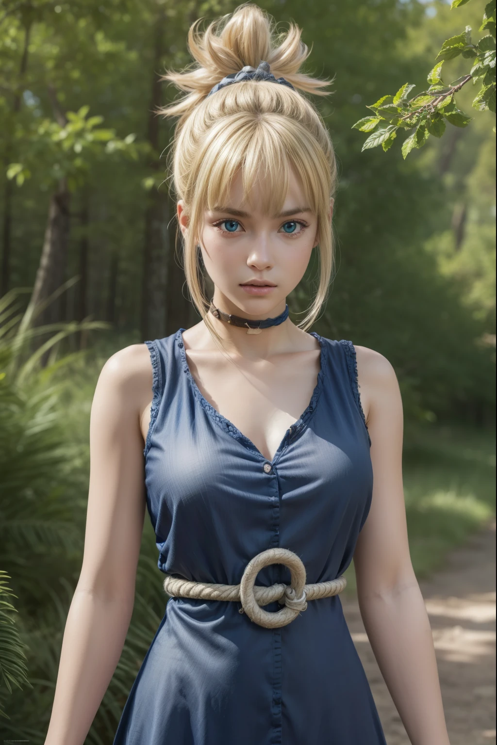 kohaku, kohaku, blonde hair, blue eyes, hair ornament, ponytail,
BREAK bare shoulders, blue dress, choker, dress, rope, rope belt, sleeveless, sleeveless dress, 
BREAK looking at viewer, full body, (cowboy shot:1.5),
BREAK outdoors, sky, forest, nature,
BREAK (masterpiece:1.2), best quality, high resolution, unity 8k wallpaper, (illustration:0.8), (beautiful detailed eyes:1.6), extremely detailed face, perfect lighting, extremely detailed CG, (perfect hands, perfect anatomy),