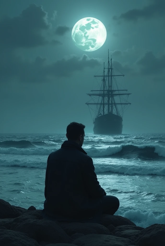 On the sea shore, a man is sitting in a sad position and looking towards the moon; dark,sea shore big ship