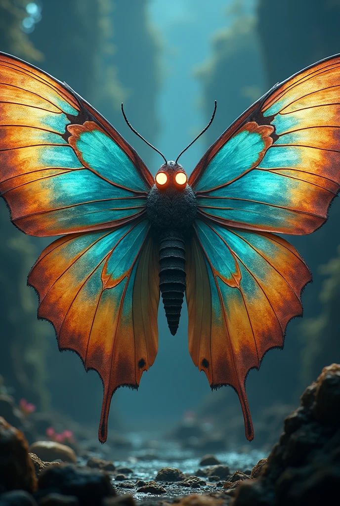Haute résolution, meilleure qualité, monstre géant, un papillon géant, yeux lumineux, ailes multicolores.