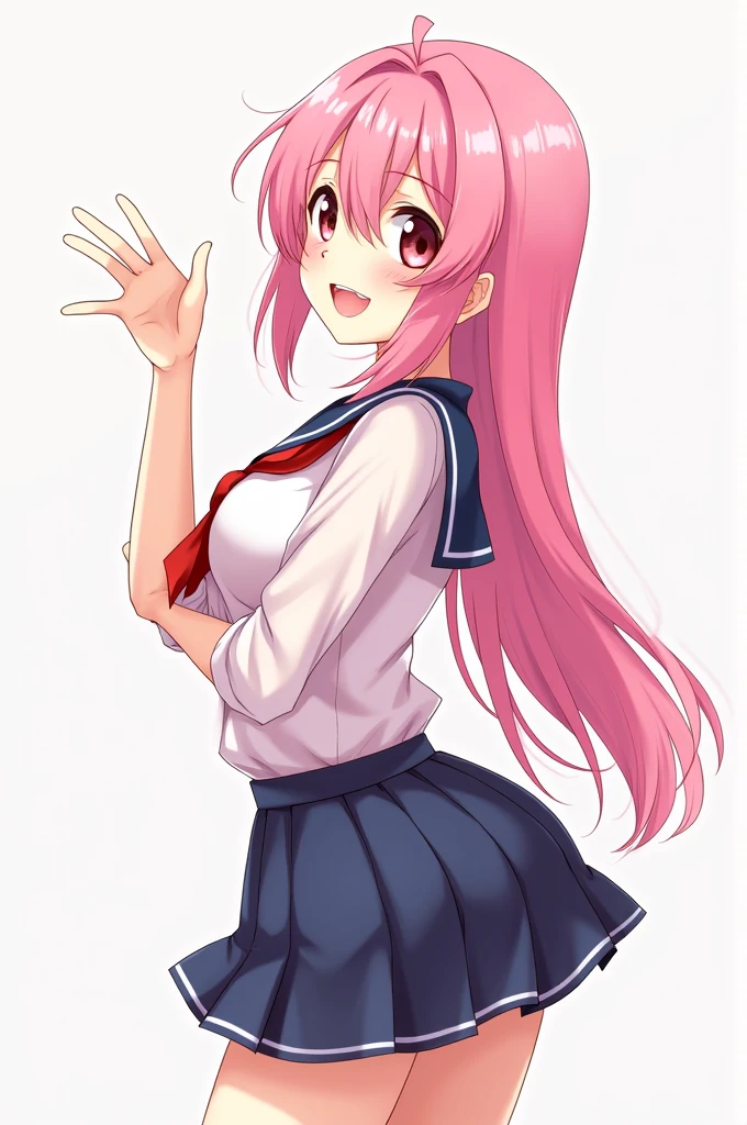 Mitsuri Kanroji, kawaii, Schoolgirl, big breasts, smiling, profile pose, greeting, short skirt, transparent blouse, for 4k anime style cell phone wallpaper.