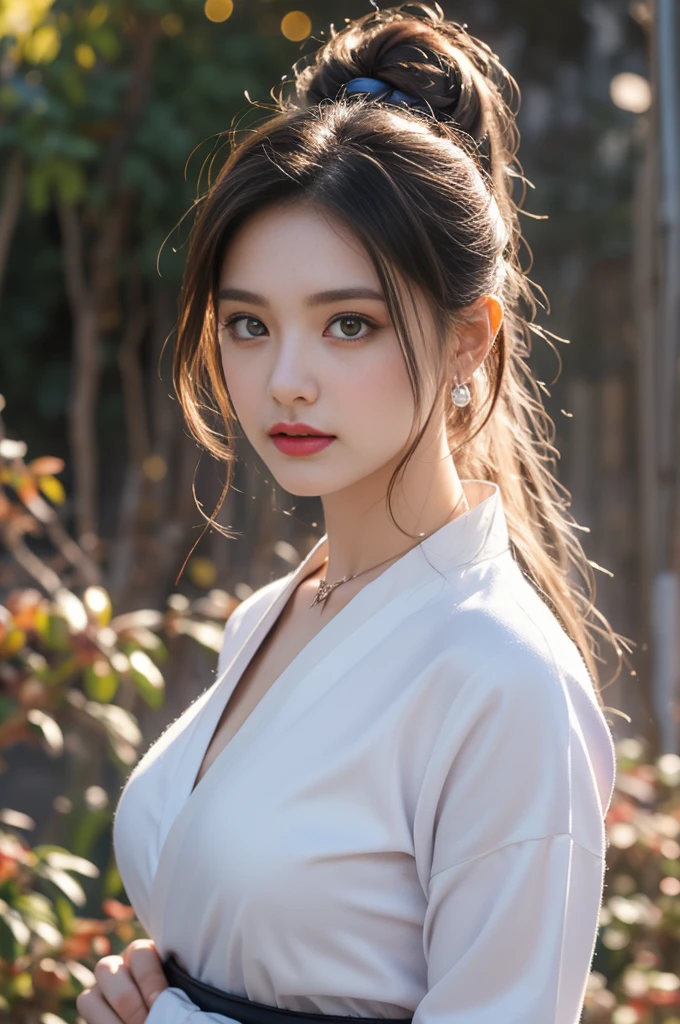 1 beautiful girl in Hanfu, ((black thin silk shirt)), long platinum purple ponytail Hair, Jewelry, ear jewelry, necklace and necklace, carefully drawn big purple eyes, carefully made up, thin eyebrows, high nose, beautiful red lips, no smile, pursed lips, rosy cheeks, wide chest, big breasts, well-proportioned breasts, slim waist, well-proportioned buttocks, purple fishnet stockings, Chinese Hanfu style, fictional art pattern, full of bright and realistic colors, RAW photo, Realistic photo, ultra-high quality 8k surreal photo, (effective magical light effect: 1.8), 10x pixels, magical effect (Background): 1.8), super detailed eyes, full body portrait of the girl, beach, dynamic pose