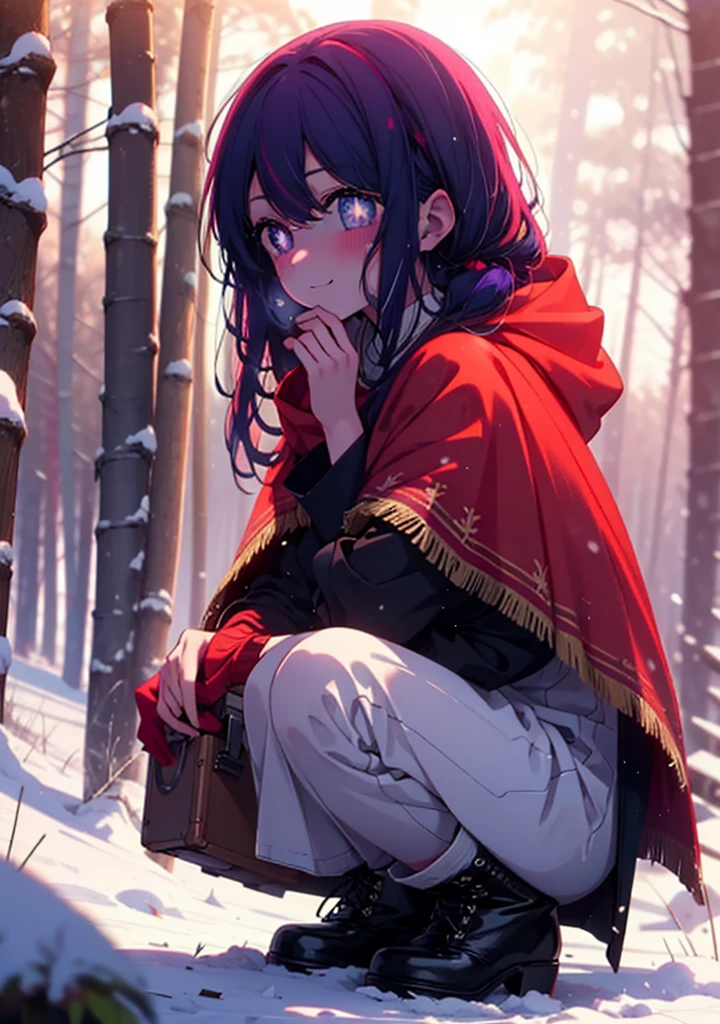 aihoshino, Ai Hoshino, Long Hair, bangs, (Purple eyes:1.1), Purple Hair, (Symbol-shaped pupil:1.5), smile,,smile,blush,white breath,
Open your mouth,snow,Ground bonfire, Outdoor, boots, snowing, From the side, wood, suitcase, Cape, Blurred, , forest, White handbag, nature, Squat, Mouth closed, Cape, winter, Written boundary depth, Black shoes, red Cape break looking at viewer, Upper Body, whole body, break Outdoor, forest, nature, break (masterpiece:1.2), Highest quality, High resolution, unity 8k wallpaper, (shape:0.8), (Beautiful and beautiful eyes:1.6), Highly detailed face, Perfect lighting, Extremely detailed CG, (Perfect hands, Perfect ???????),