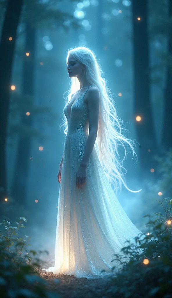 This image features an ethereal figure, likely a mystical or fantasy character, enveloped in an aura of glowing light and energy. The figure, dressed in a flowing, shimmering gown, stands gracefully with eyes closed, as if in deep thought or connection with nature. Their hair, long and radiant, seems to be infused with light, cascading down in soft waves. The background is a forest, softly illuminated by an array of bokeh lights that add to the magical ambiance. The entire scene is bathed in a cool, blue-toned light, enhancing the serene and otherworldly atmosphere.