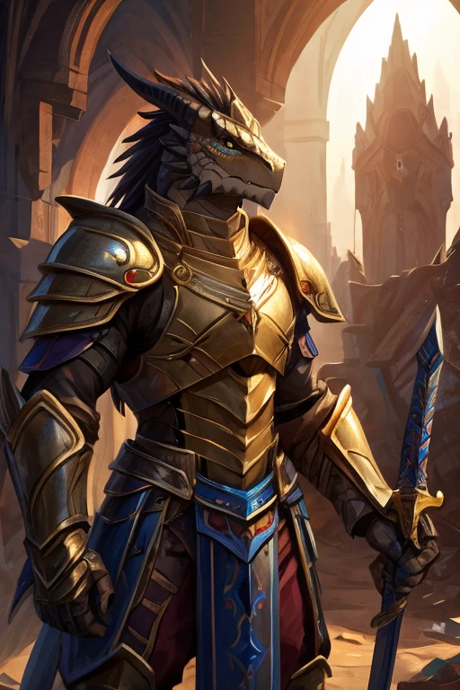 A Red-scaled Dragonborn, wearing a paladin armor without a helmet, with a large sword on his back, in a completely destroyed scenario with the sunlight centralizing him standing and with a serious face 