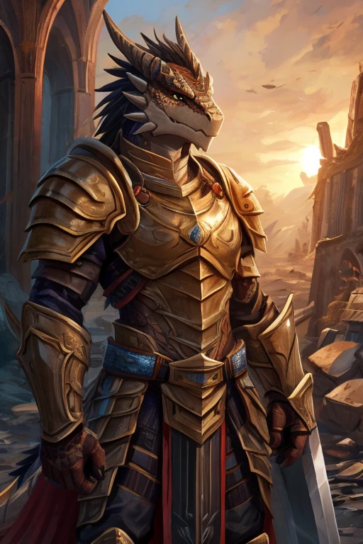 A Red-scaled Dragonborn, wearing a paladin armor without a helmet, with a large sword on his back, in a completely destroyed scenario with the sunlight centralizing him standing and with a serious face