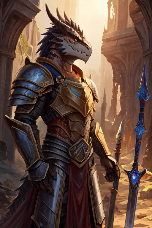 A Red-scaled Dragonborn, wearing a paladin armor without a helmet, with a large sword on his back, in a completely destroyed scenario with the sunlight centralizing him standing and with a serious face 
