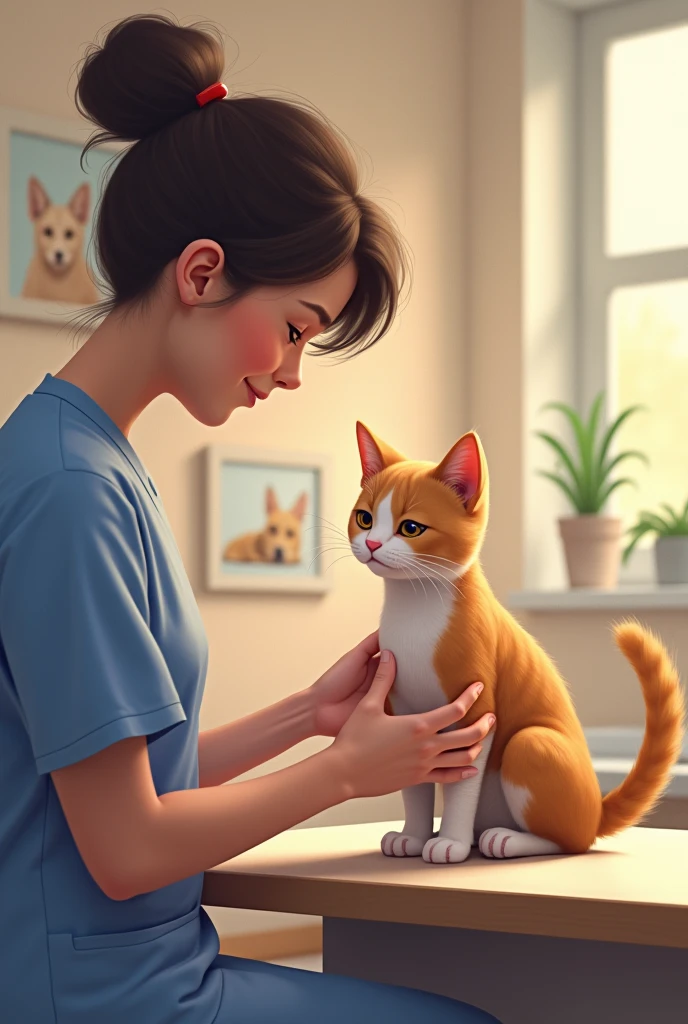 The cat is gently lifted by a caring veterinarian and placed on the examination table. Its paw is now wrapped in a clean bandage, and the wounds on its body have been treated. The background is a bright treatment room, with warm pet pictures on the walls, creating a peaceful and soothing atmosphere.
