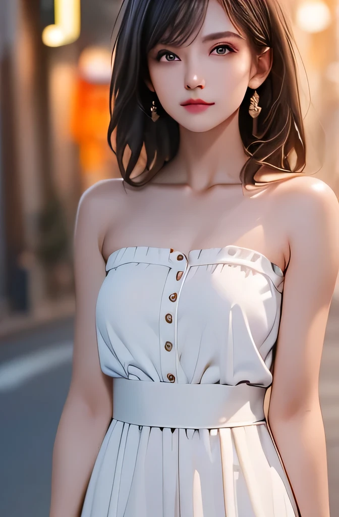 (((best quality))),1 female,slender face,(((arms behind))),(((cool beauty))),Black Hair,Brown Eyes,medium hair,straight hair,small breasts,looking at viewer,25 years old,No pubic hair,Height: 160cm,(full body),blouse,Standing in a busy street at night,mini skirt,Provocative look,bangs