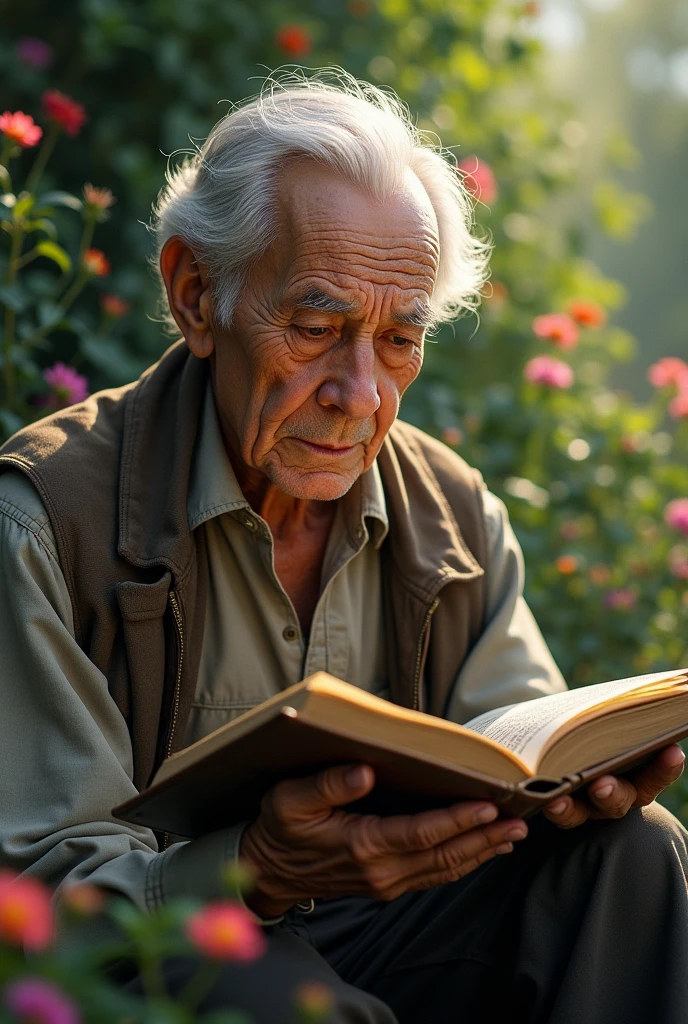 Create a realistic image of an elderly person reading a book. Sitting on a chair in the garden