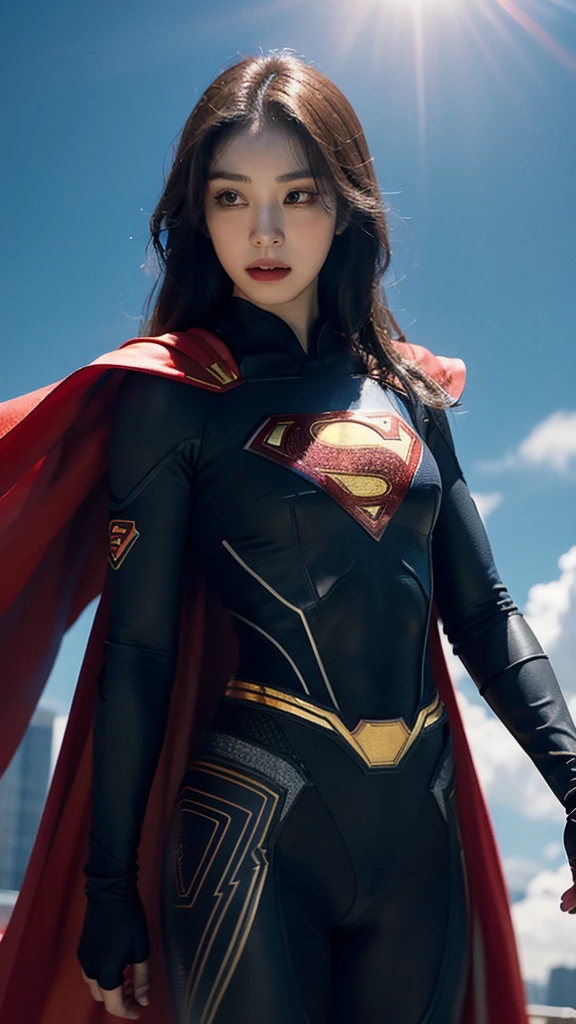 Woman wearing detailed SuperMan costume with full sleeves covering the entire body, short black hair, serious face, (flying in sky), vivid colors, dramatic lighting, red cape, cinematic costume, carbon fiber detailed suit,