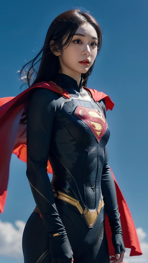 Woman wearing detailed SuperMan costume with full sleeves covering the entire body, short black hair, serious face, (flying in sky), vivid colors, dramatic lighting, red cape, cinematic costume, carbon fiber detailed suit,