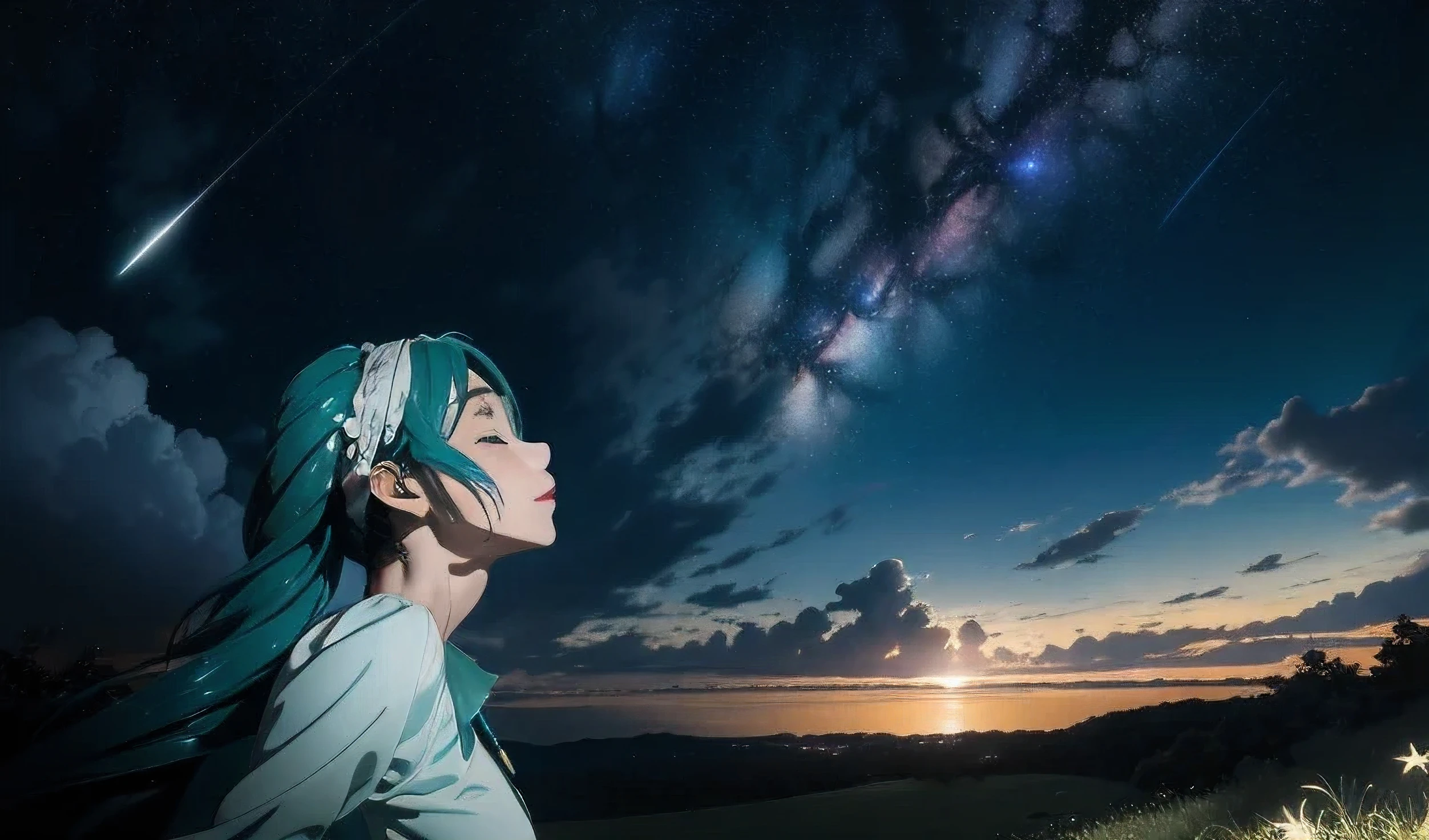 (masterpiece、Highest quality、Highest quality、Official Art、Beautiful and beautiful:1.2)、(One girl:1.3)Hatsune Miku、Twin tails,Beautiful breasts,Starry Sky、milky way、Tanabata、Orihime、Altair、Deneb、altair、Vega、Summer Great Triangle、Looking up at the night sky、grassland、shooting star、Bamboo leaf、Wish on a strip of paper、Night sky full of sky、Front angle