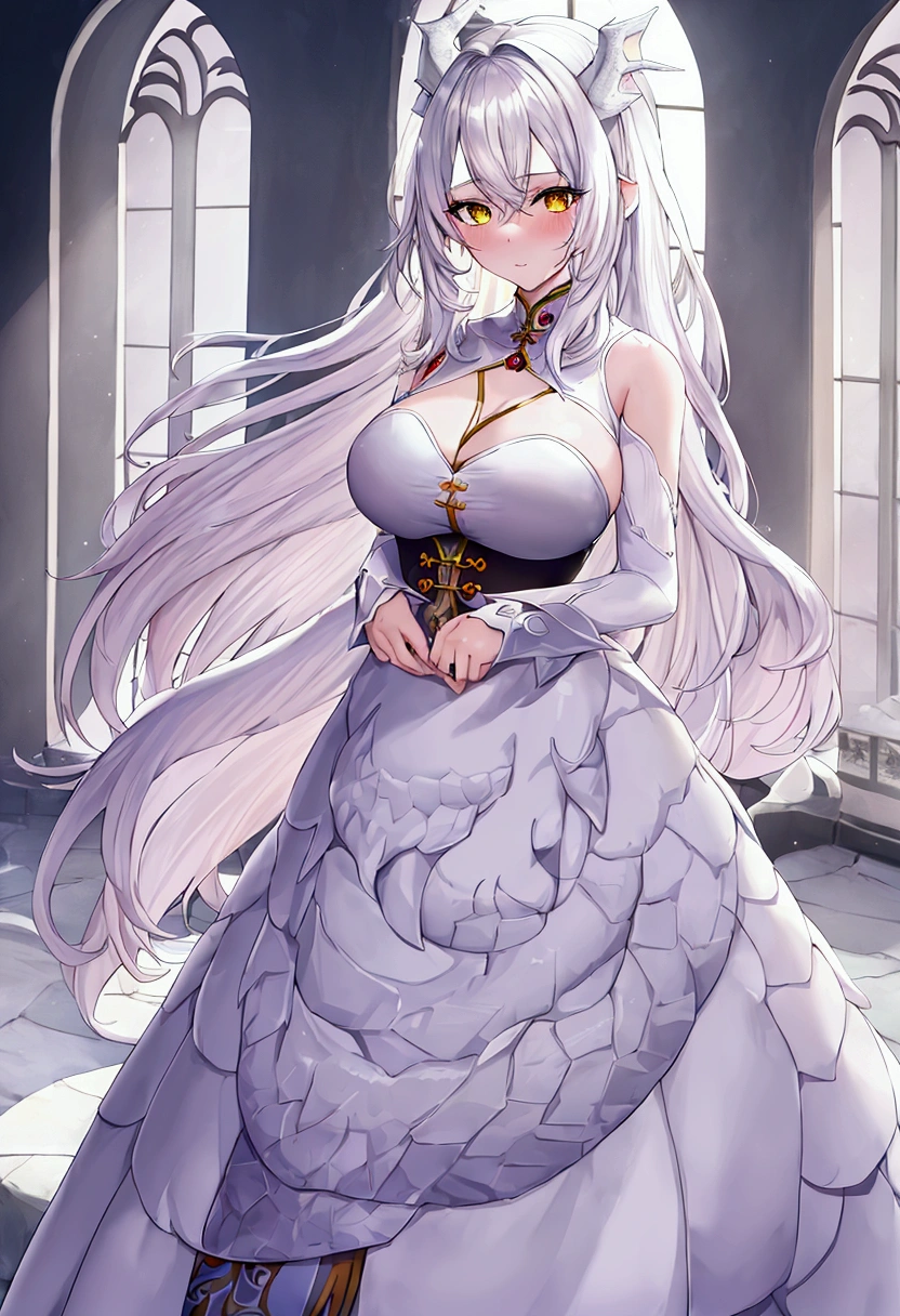 ((best quality))((Masterpiece))((Anime details))1  girl, My hair is as white as moonlight., yellow eyes, Almost white skin, Cute and bright face, White dragon tail, Dragon Mountain, Winter clothes, long skirt, perfect body, big breasts