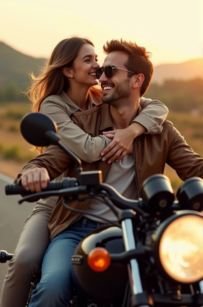 Man on a motorcycle with his girlfriend hugging him and kissing his back, happily listening to music.