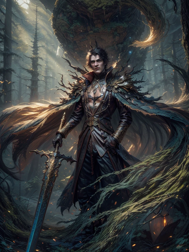 imagem de um vampiro masculino com uma espada em uma floresta, senhor vampiro, arte de estilo fantasia sombria, e Mumford Tom Bagshaw, uma ilustração de fantasia sinistra, governante do inferno, in style of arte de fantasia sombria, vampiro do clã lasombra, design de personagens de fantasia sombria, arte de fantasia sombria, lindo deus masculino da morte, arte de fantasia gótica. Extremely detaild, 8K, HDR, natural light, cinematic lighting, masterpiece-anatomy-perfect, Ultra HD, RAW photo, metallic, professional, ultra-fine painting, perfect body proportions, anatomically correct, uhd, real texture material, Anti-Aliasing, FKAA, TXAA, SSAO, Post Processing, Post Production, Tone Mapping, CGI, VFX, SFX, Hyper maximalist, Volumetric, ultra photorealultra-detailed intricate details.