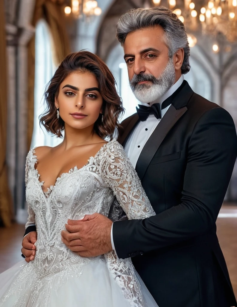 (fullbody photo:2.0) of father and daughter embracing in a ballroom: (a 25-year-old iranian woman, brown skin, triangular shaped face, brown eyes, long wavy hair, dark brown hair, busty, wearing a white winter wedding dress, long sleeves), embracing (a burly 65-year-old iranian man, brown skin,square shaped face, short full beard, brown eyes, short hair, grey hair, burly body, wearing a black elegant suit), in a ballroom of an enchanted castle, winter, (8k, photorealistic, RAW photo, best quality:1.4),