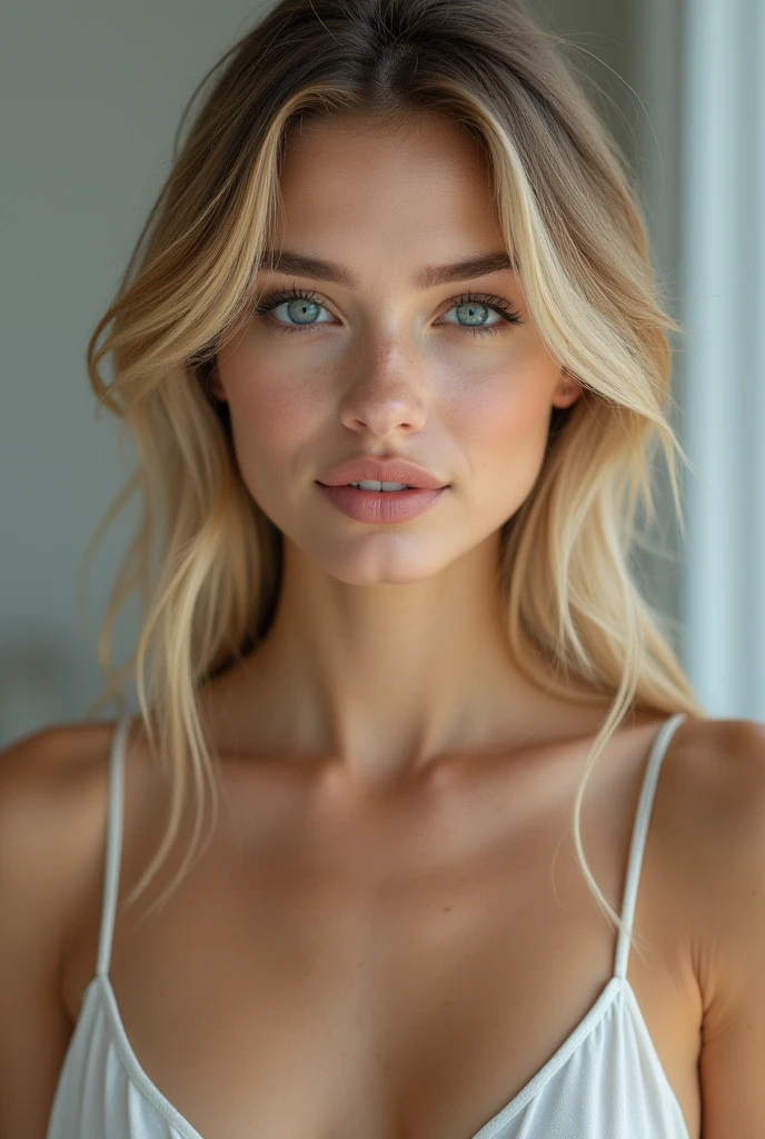 High-quality photo of a beautiful 18-20 year old blonde girl, full body, white skin, beautiful blue eyes, very sexy. Realistic photo taken with a professional 8k camera, very sexy and beautiful.