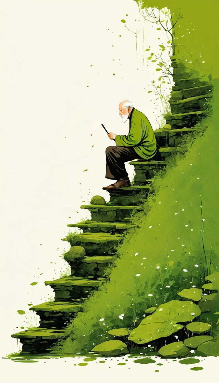 中国水墨画sketch：Light Ink，Lowercase，sketch，artistic conception，Old man on mossy steps，Minimalism，(((Negative Space,Bottom left composition)))