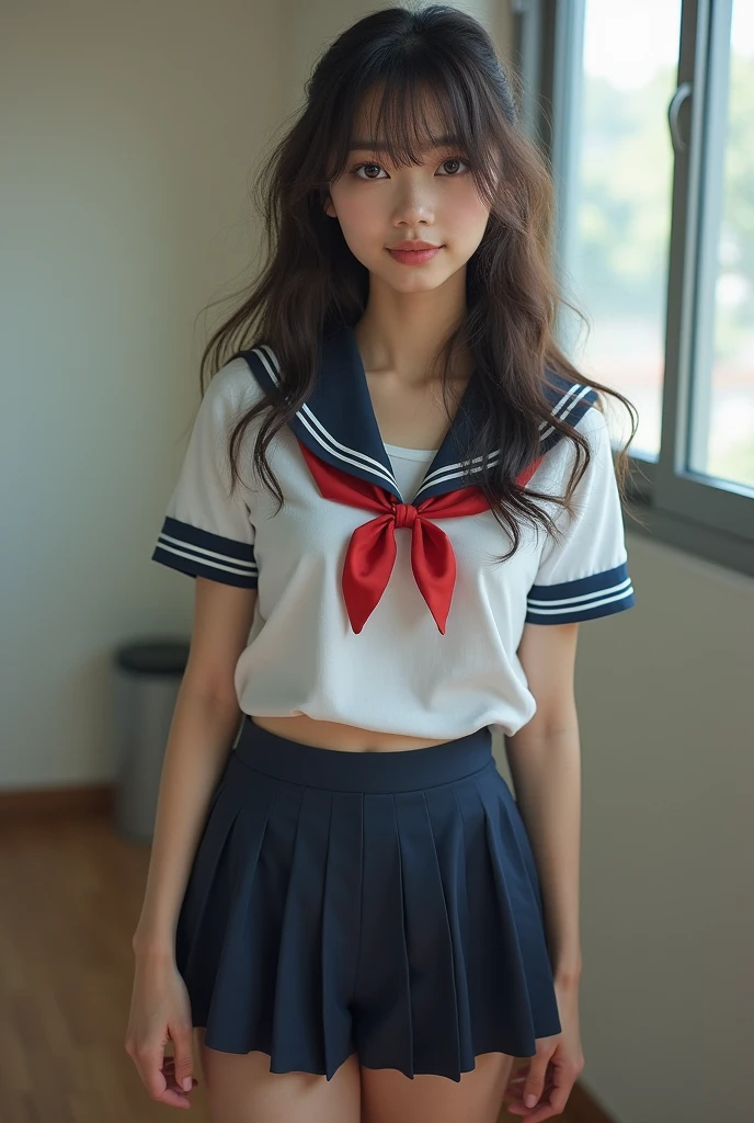 (Beautiful Japanese woman), (nsfw:1.4),High resolution, in 8K、RAWphotographgraphy、Highest quality、masterpiece、1 age girl, (flat chest like a boy:1.2), ((skinny body:1.2)), wavy hair, Anatomically Correct, high school uniform, show off her beautiful pussy