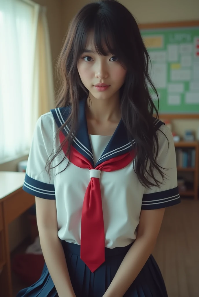 (Beautiful Japanese woman), (nsfw:1.4),High resolution, in 8K、RAWphotographgraphy、Highest quality、masterpiece、1  girl, (flat chest like a boy:1.2), ((skinny body:1.2)), wavy hair, Anatomically Correct, high school uniform, show off her beautiful pussy