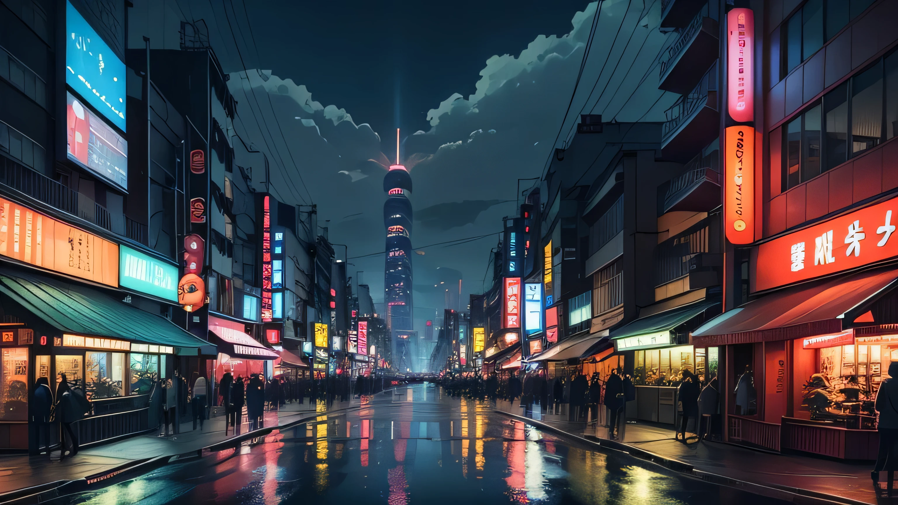 Anime-style background of Tokyo cityscape at night, The scene captures the vibrant energy of Tokyo with its towering skyscrapers adorned with neon signs and billboards, Streets are bustling with people and cars, reflecting the city's lively atmosphere, Traditional Japanese elements like a torii gate or cherry blossoms in the foreground add a touch of cultural authenticity, The sky is dark with scattered clouds, and the city's lights create a beautiful contrast, illuminating the scene, The overall mood should be dynamic and slightly futuristic, with a blend of modern urban life and traditional Japanese charm