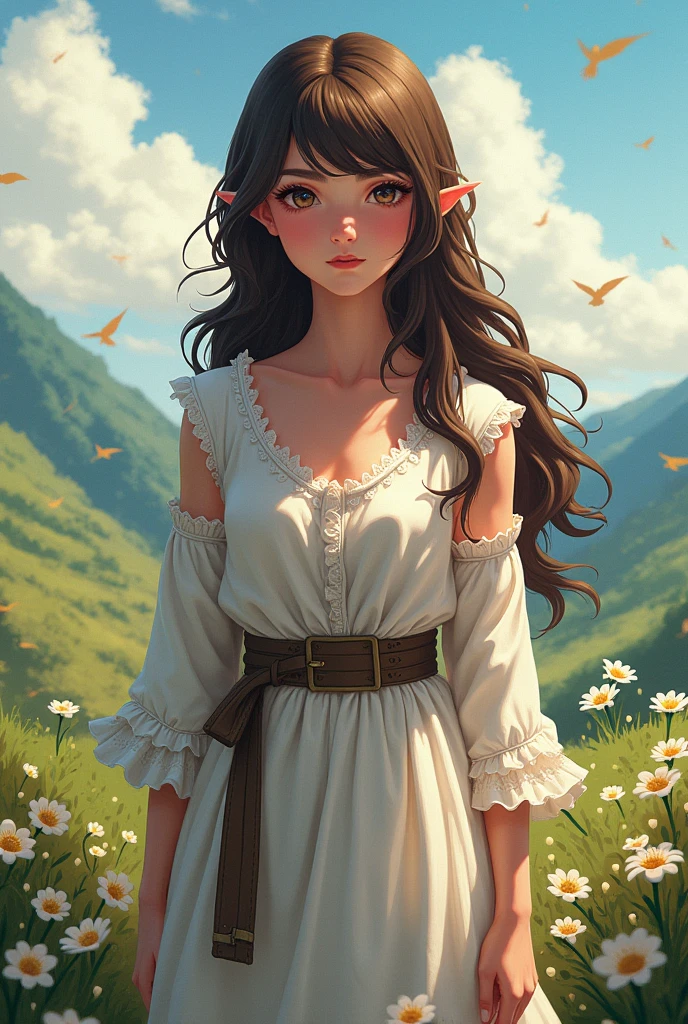 -Woman
-brown long hair with bangs
-wearing peasant clothes
-in the pixel style of Fields of Mistiria