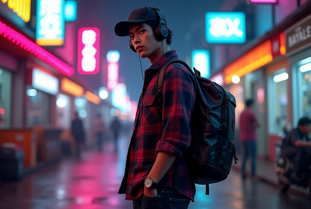 Hyper  realistic, a 28 year old Indonesia man walking on the neon cyberpunk street, ideal body, look straight ahead, wearing dark red flannel shirt and dark ripped jeans pants and black hiking hi-shoes with black backward trucker hat, wear dark leather backpack, wear headphone, masculine photoshoot pose, arrogant man expression, romantic, Bandung night town as background. Use soft photography lighting. top lighting. top lighting, slide lighting, high quality photos, UHD, 64k. shot with Canon EOS 5D Mark IV, cinematic portrait, Realistic face, not changing face, no mustache, Real photo, unchanging face, background change. Real Picture 8k ultra, man, gamer, hyper detailed, sharp focus, studio photo, intricate details, highly detailed, photo real, bright colors, digital graphics, unreal engine, blender art, perfect composition, octane rendering, masterpiece, sharp focus, high detail, art station, concept art, perfect composition, a model of ultra-high quality and clarity, perfect play of light and shadow, 32k UHD, hyper-detailing, complex artistic masterpiece, ((best quality)), ((masterpiece)), (detailed), perfect face