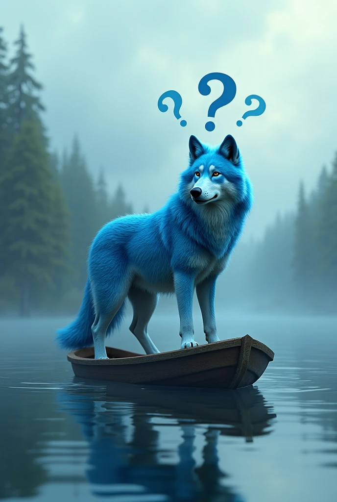 A blue wild wolf,Realistic and cute,Standing wolf,Riding a boat,Drifting on the lake,Question marks fill the wolf's head,Lost direction
