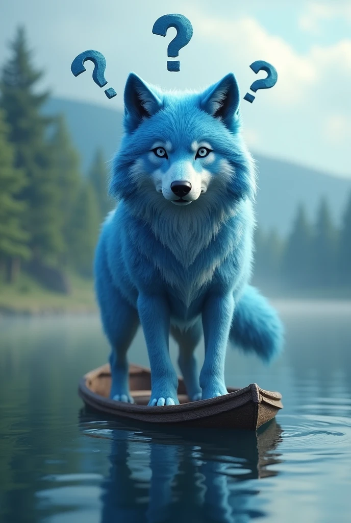 A blue wild wolf,Realistic and cute,Standing wolf,Riding a boat,Drifting on the lake,Question marks fill the wolf's head,Lost direction