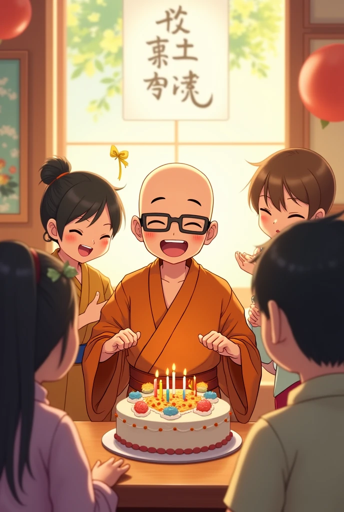 monk cute , eyes squinting or closed, with glasses, Grinning,no hair, wearing orange clothes, brown belt, celebrating your birthday, with birthday cake and friends from the Japanese side