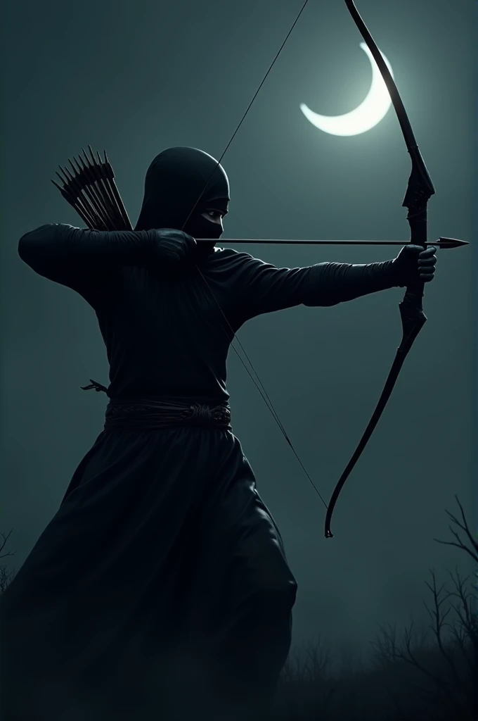 A hyper-realistic image of a ninja shooting an arrow. It's dark at night. The ninja is aiming at the moon.