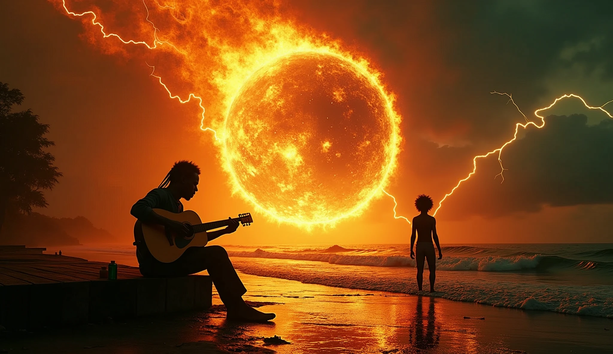 Jamaican Reggae logo symbol,man alone guitar in fire flame raining lightning, tornado a child standing dancing on the planet moon and a ,planet Earth with alien, in Jamaica listening to a man playing guitar sitting on the sidewalk. Pure reggae vibes very high details, 8k, Depth of field, Behance Photography , cinematic color grading, film composition, high contrast pixar style, ultra sharp, global lights, Retouching, , uplight 
