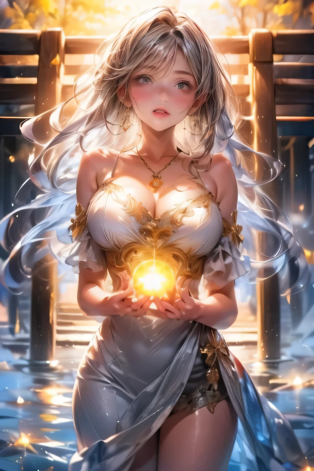 cute girl has the dress up in which a magical ball is glowing, 1girl, breasts, solo, dress, long hair, looking at viewer, jewelry, large breasts, necklace, blush, cleavage, open mouth, water, bare shoulders, yellow eyes, collarbone, white dress